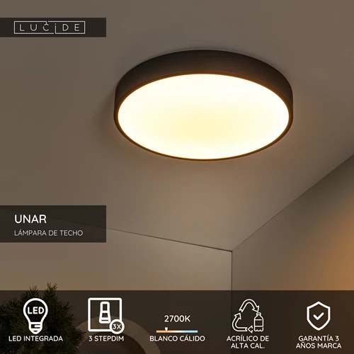 Lucide UNAR - Lámpara de techo - Ø 39,5 cm - LED 3 StepDim - 1x24W 2700K - Negro - USP